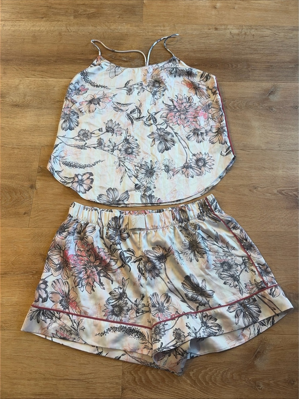 Victoria's Secret Satin Pajama Lounge Set Small Pink White Black Floral Stripe S